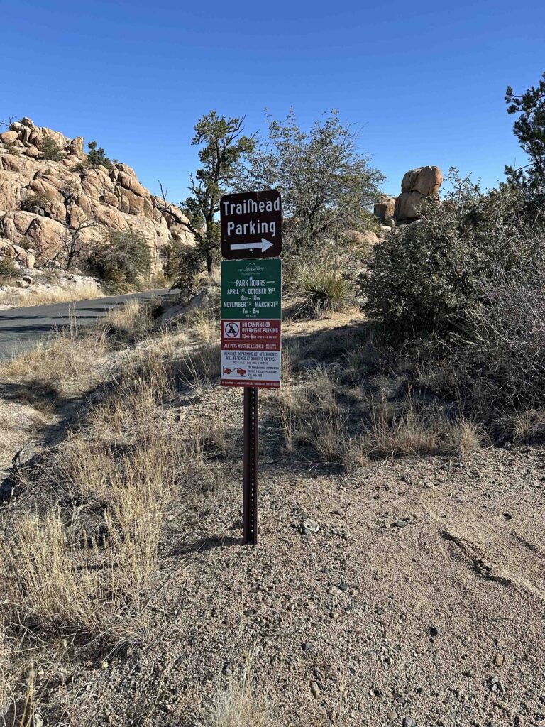 trailhead parking sign for Granite Gardens trails